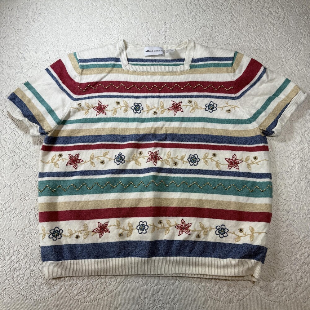Alfred Dunner Sweater Womens XL Striped Beaded Floral Short Sleeve Pullover Top